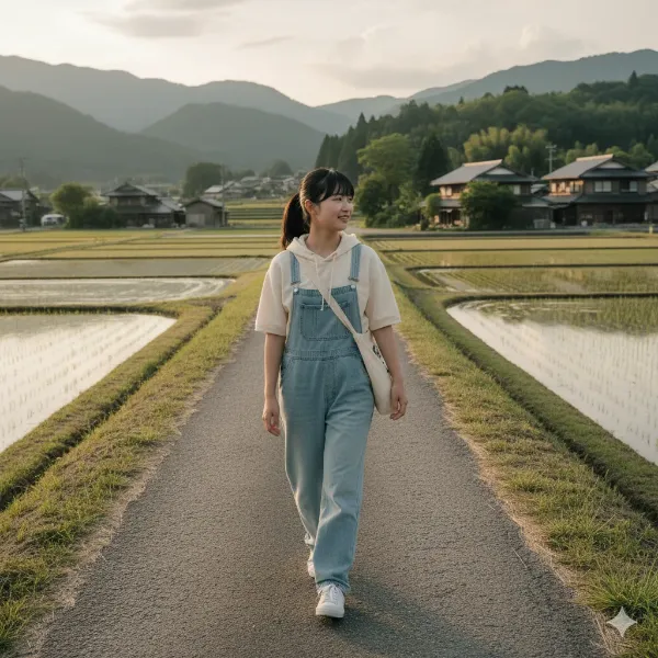 オーバーオールと田舎道