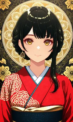 紅い着物の優雅な微笑み