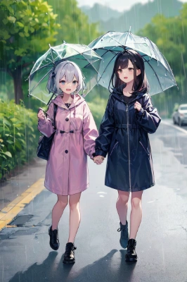 雨の降る道を