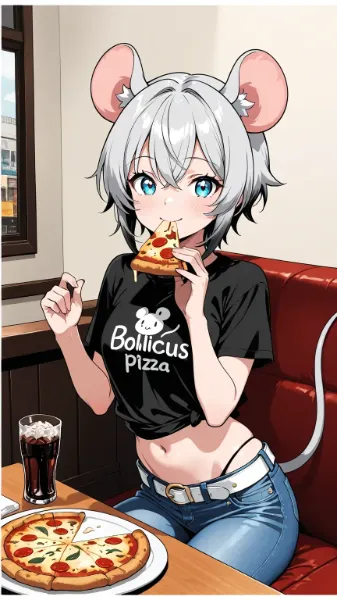 ピザを食べるネズミ娘