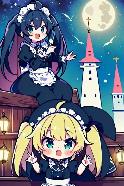 月背景のメイドさん