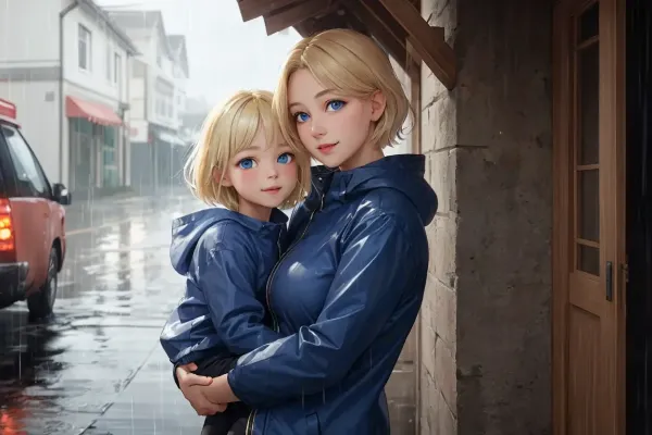 雨宿りする金髪母娘