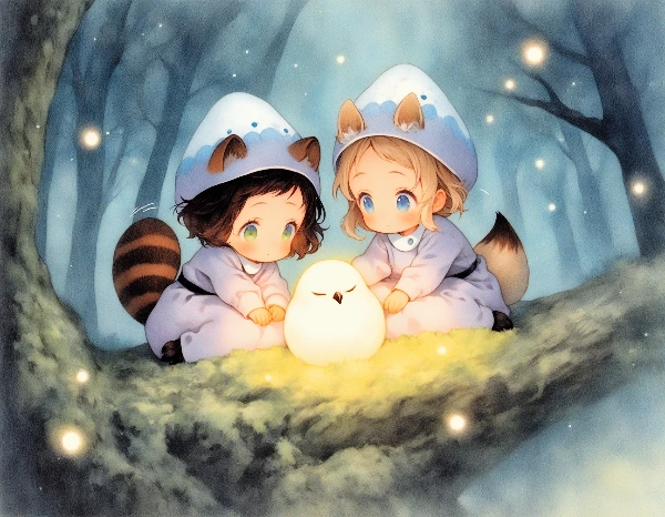 コン子とポン子・フクロウさんと一緒