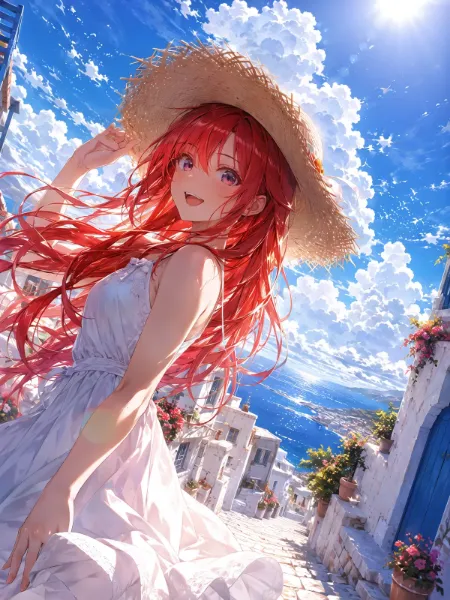 海辺の路地で輝く赤い髪の夏