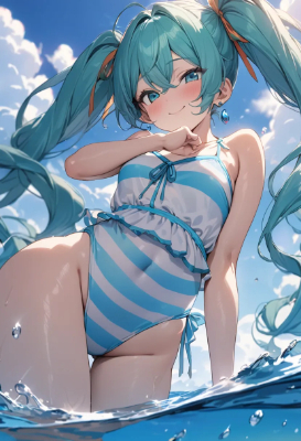 水着とリボンのツインテールのミク