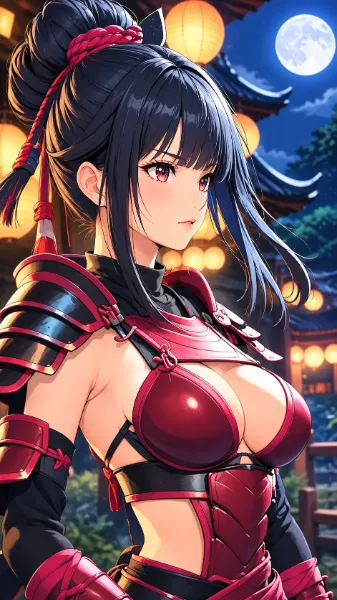 月夜に輝く紅の女武者