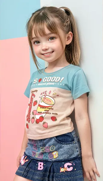 レトロ風カラーTシャツとデニムスカートのコーデ