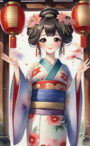 水彩画風🎨、着物を着た女の子👘🚺と鳥居⛩️