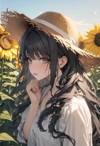 ひまわりと麦わら帽子