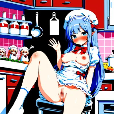 キッチンで手を振るエルフ