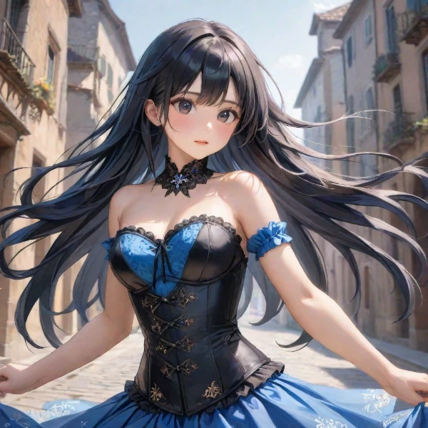 風舞う路地の青いドレスの少女