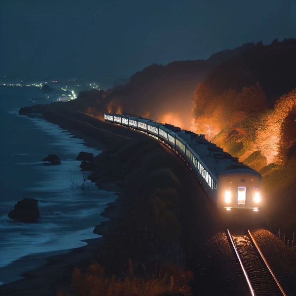 秋の夜の海岸を走る寝台列車