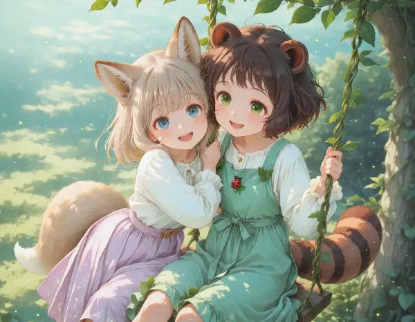 コン子とポン子・森のブランコで交わす約束