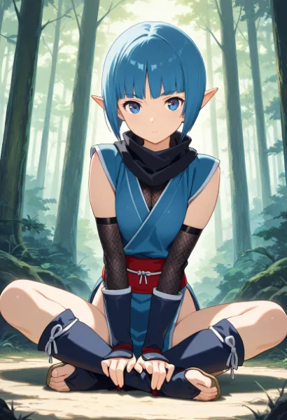 森の影に潜む青きエルフ忍者