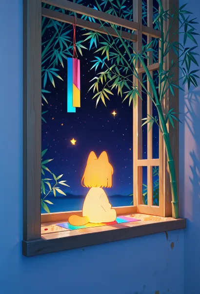 夏の夜、窓辺で星を眺める光の猫