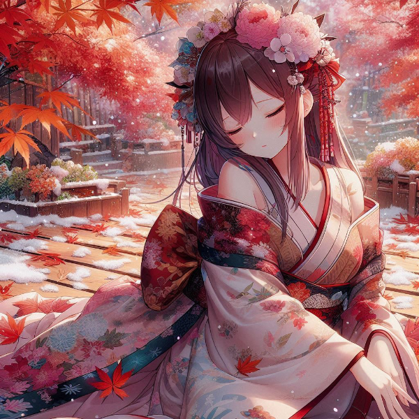 紅葉と雪の庭園