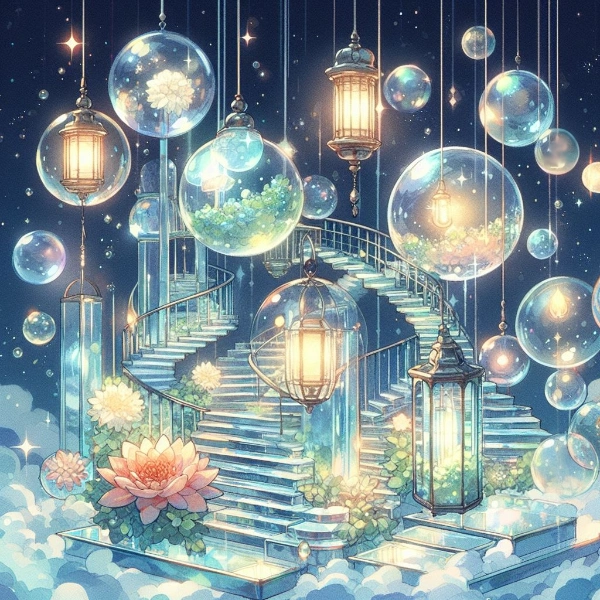 シャボン玉飾りと空中階段