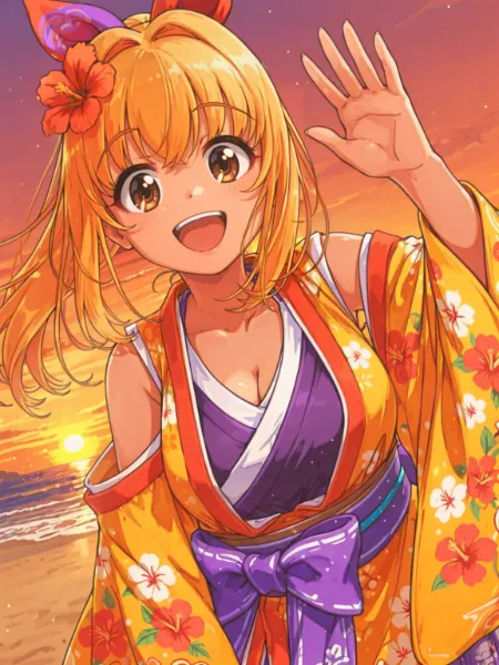 夕陽のビーチで手を振る少女