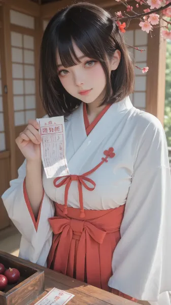 神社で巫女のおみくじ