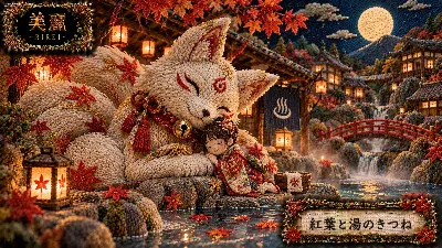 紅葉舞う湯宿の白狐と少女