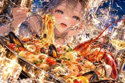 星降る夜の海辺で、銀髪の少女と海の宴