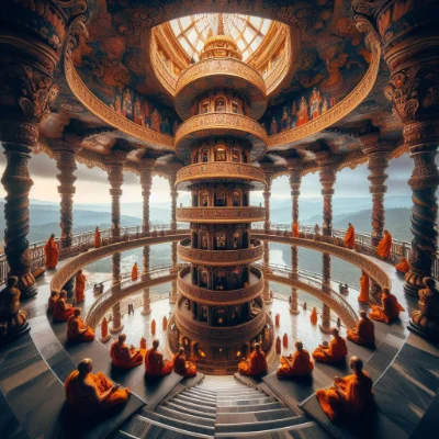 ３階建てくらいのインドの修行僧がいる寺院の塔の中から眺める景色