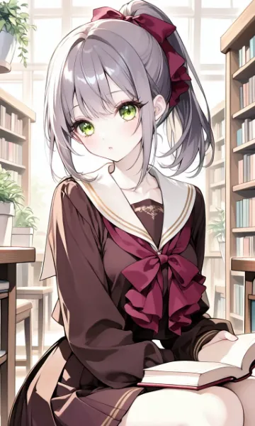 図書館で調べものをしている女子高生