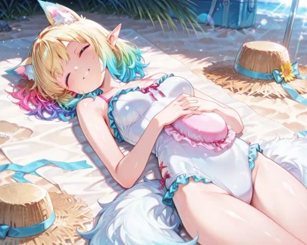 3枚）ビーチで眠るケモ耳エルフさん