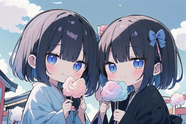 わたあめを食べる少女達