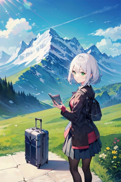 清涼な山道を旅する銀髪の少女