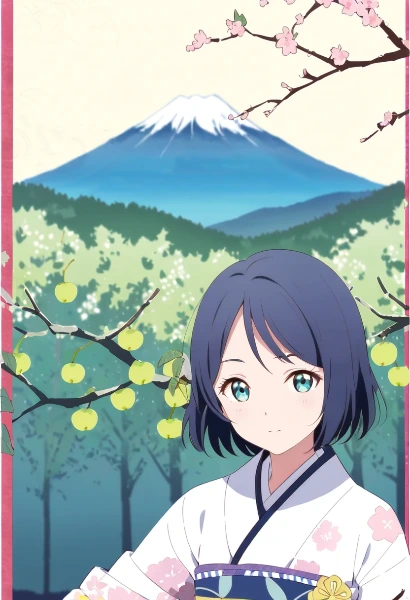 浮世絵画風　梅の実と婦人