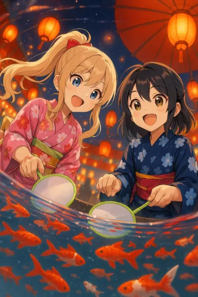 黒髪＆ブロンド・縁日で金魚すくいをした