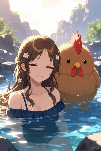 温泉に浸かる少女と鶏