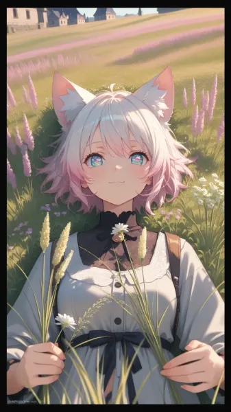 草原で寝転がる猫耳娘(世界猫の日8月8日)