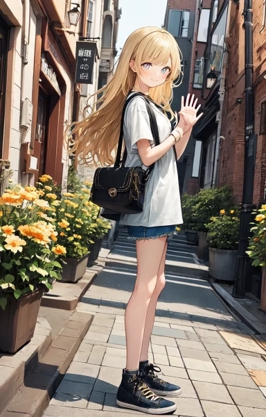 街角で挨拶を交わす金色の髪の少女