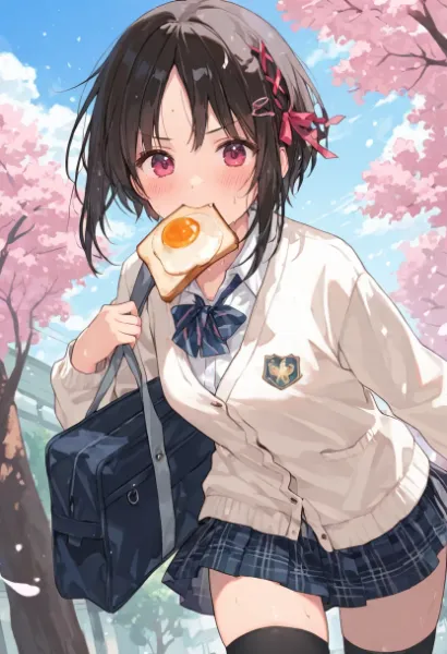 桜舞う朝のトースト少女