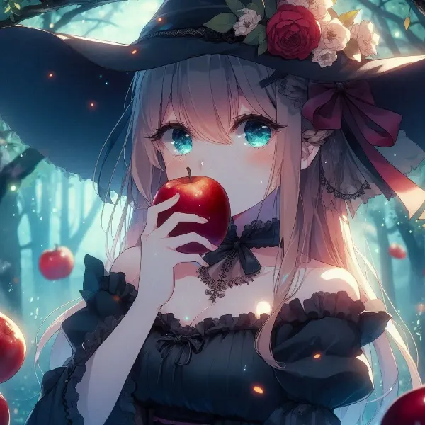 霧深い盛りでりんごをかじる魔女