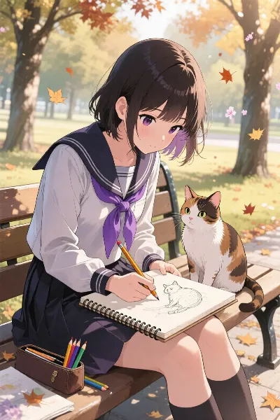 秋風に舞う猫のスケッチ