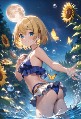 月明りに照らされた水着の金髪ボブカットの少女