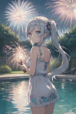 人気のないプールで夕涼み。こっち向いてー。