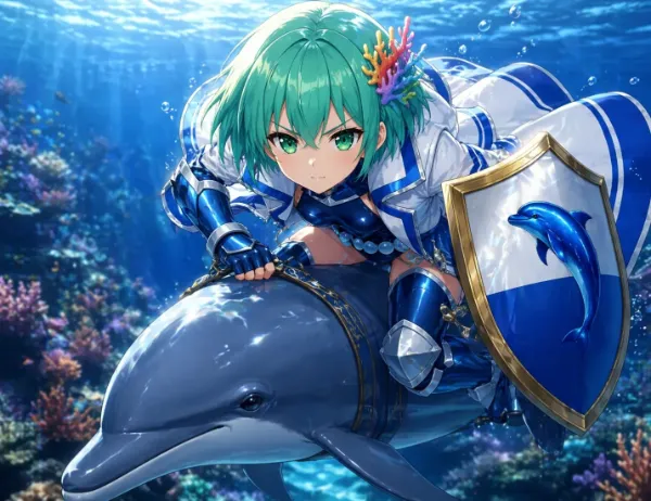 サンゴの合間をゆくイルカ騎士