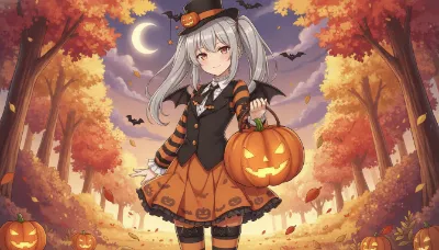 月夜の森で微笑むハロウィン少女