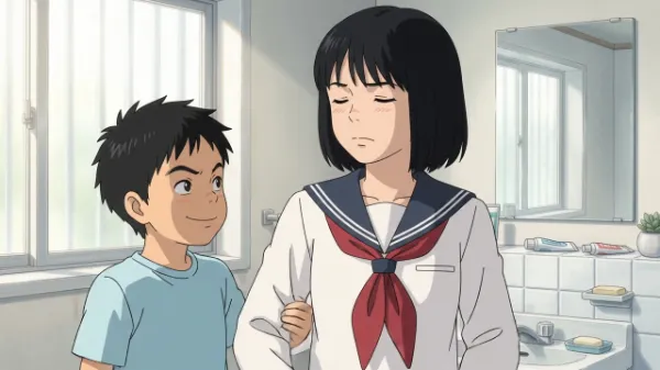 弟に絡まれながら慌ただしく身支度する姉　