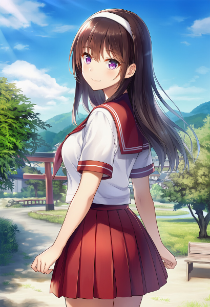 夏の神社で微笑む制服少女