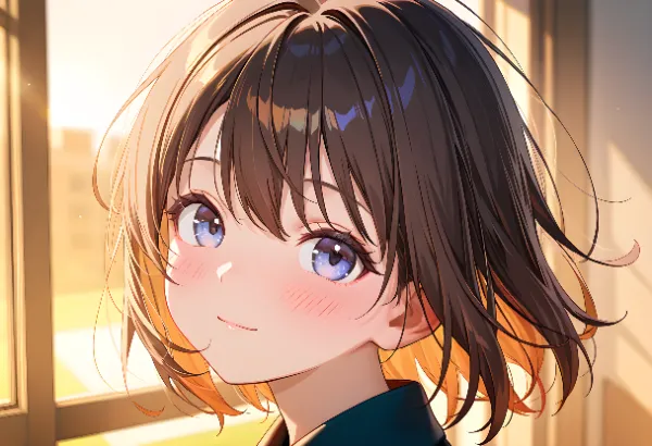 夕陽に照らされた少女の秘密の微笑み