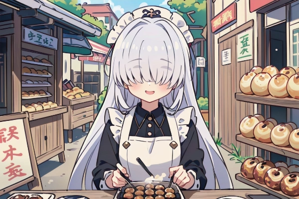 たこ焼きを楽しむメカクレメイドさん