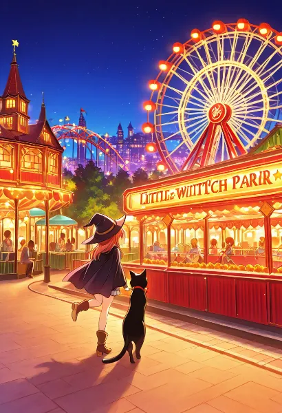 小さな魔女と黒猫の夜の遊園地
