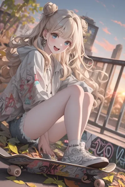 夕暮れのスケーター少女