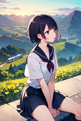 夕焼けと電車の女子高校生