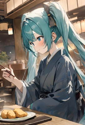 初音食事中